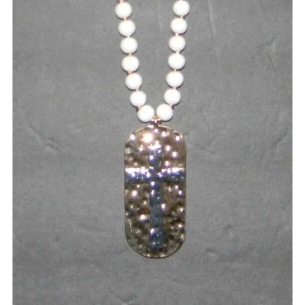 Cross Necklace Contemporary Gold/Silver with White Beads NEW